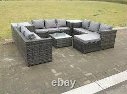 10 seater U shape rattan sofa set table outdoor garden furniture patio grey