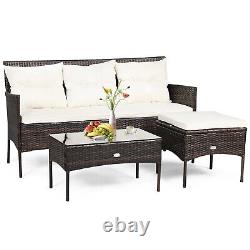 3 PCS Patio Conversation Set Outdoor PE Rattan Garden Furniture Set With Cushions