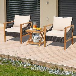 3 Pcs Patio Garden Rattan Furniture Set Solid Wood Frame Wicker Chair Table Set