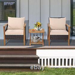 3 Pcs Patio Garden Rattan Furniture Set Solid Wood Frame Wicker Chair Table Set