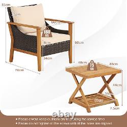 3 Pcs Patio Garden Rattan Furniture Set Solid Wood Frame Wicker Chair Table Set