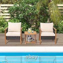 3 Pcs Patio Garden Rattan Furniture Set Solid Wood Frame Wicker Chair Table Set