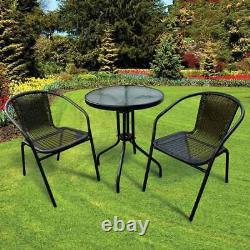 3 Piece Black Rattan Bistro Set Table & Chairs Patio Outdoor Garden Furniture
