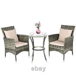 3 Piece Garden Furniture Set Patio Rattan Wicker Cushioned Chairs With Glass Table