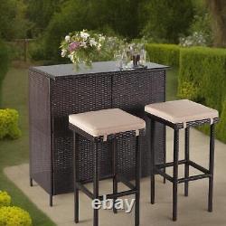 3 Piece Garden Patio Rattan Wicker Bar Table 2 Stool Chairs Bistro Furniture Set