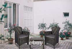 3 Piece Grey Bistro Set Garden Furniture Patio Outdoor Table Armchair Polyrattan