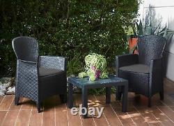 3 Piece Grey Bistro Set Garden Furniture Patio Outdoor Table Armchair Polyrattan