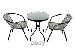 3 Piece Grey Bistro Table Set Garden Patio, Black Glass & Rattan Chair furniture