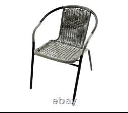 3 Piece Grey Bistro Table Set Garden Patio, Black Glass & Rattan Chair furniture
