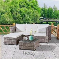 3 Piece L-Shape Rattan Garden Furniture Set Outdoor Patio Grey Corner Lounger UK