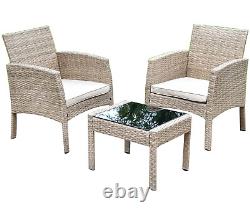 3 Piece Rattan Garden Furniture Outdoor Set Bistro Table and Chairs Patio Cream