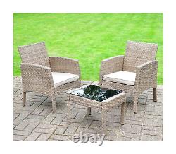 3 Piece Rattan Garden Furniture Outdoor Set Bistro Table and Chairs Patio Cream