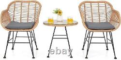 3-Piece Rattan Garden Furniture Set, Patio Bistro Set with Temper Glass Table