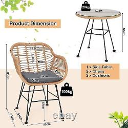 3-Piece Rattan Garden Furniture Set, Patio Bistro Set with Temper Glass Table