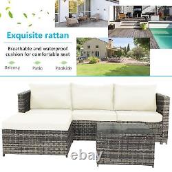 3 Pieces Rattan Garden Furniture Patio Set Outdoor L-Shape Sofa & Table Set Grey