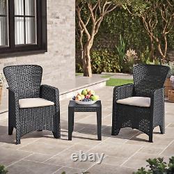 3Pc Black Coffee Table & Chairs Bistro Set Rattan Garden Furniture Outdoor Patio