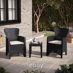 3Pc Black Coffee Table & Chairs Bistro Set Rattan Garden Furniture Outdoor Patio