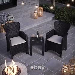 3Pc Black Coffee Table & Chairs Bistro Set Rattan Garden Furniture Outdoor Patio