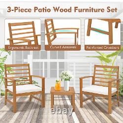 3Pcs Garden Furniture Seating Group Acacia Wood Patio Chair Table Set withCushions