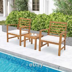 3Pcs Garden Furniture Seating Group Acacia Wood Patio Chair Table Set withCushions