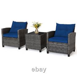 3Pcs Outdoor Conversation Set Garden Furniture Patio Rattan Sofa Table Set Blue