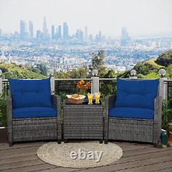 3Pcs Outdoor Conversation Set Garden Furniture Patio Rattan Sofa Table Set Blue