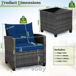 3Pcs Outdoor Conversation Set Garden Furniture Patio Rattan Sofa Table Set Blue