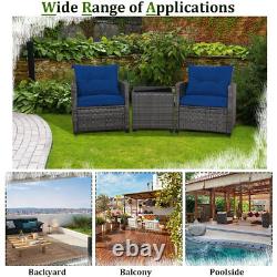 3Pcs Outdoor Conversation Set Garden Furniture Patio Rattan Sofa Table Set Blue