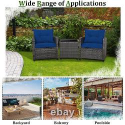 3Pcs Outdoor Conversation Set Garden Furniture Patio Rattan Sofa Table Set Blue