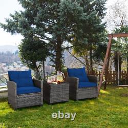 3Pcs Outdoor Conversation Set Garden Furniture Patio Rattan Sofa Table Set Blue
