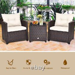 3Pcs Outdoor Conversation Set Garden Furniture Patio Rattan Sofa Table Set White