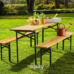 3pc Beer Table & Bench Set Outdoor Wooden Folding Trestle Patio Garden Furniture