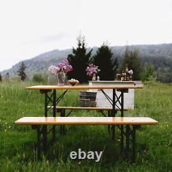 3pc Beer Table & Bench Set Outdoor Wooden Folding Trestle Patio Garden Furniture