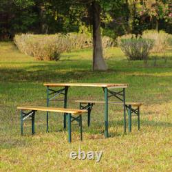 3pc Beer Table & Bench Set Outdoor Wooden Folding Trestle Patio Garden Furniture