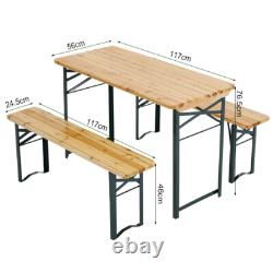 3pc Beer Table & Bench Set Outdoor Wooden Folding Trestle Patio Garden Furniture