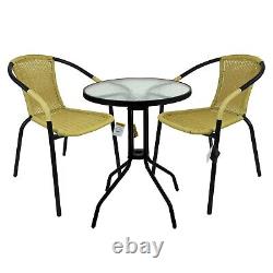 3pc Garden Patio Furniture Set Tan Wicker Bistro Glass Rattan Outdoor Seating