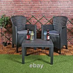 3pc Outdoor Garden Furniture Cushioned Black Rattan Table Chair Conversation Set