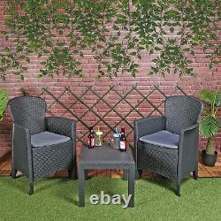 3pc Outdoor Garden Furniture Cushioned Black Rattan Table Chair Conversation Set