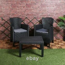 3pc Outdoor Garden Furniture Cushioned Black Rattan Table Chair Conversation Set