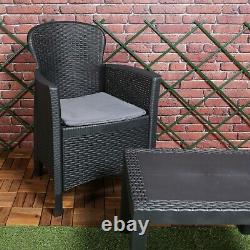 3pc Outdoor Garden Furniture Cushioned Black Rattan Table Chair Conversation Set