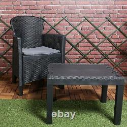 3pc Outdoor Garden Furniture Cushioned Black Rattan Table Chair Conversation Set