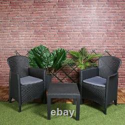 3pc Outdoor Garden Furniture Cushioned Black Rattan Table Chair Conversation Set