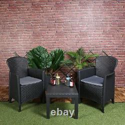 3pc Outdoor Garden Furniture Cushioned Black Rattan Table Chair Conversation Set