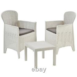 3pc Outdoor Garden Furniture Cushioned White Rattan Table Chair Conversation Set