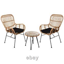 3pc Rattan Garden Furniture Set Outdoor Patio Cushioned Chair Glass Top Table