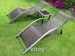 3pc Sun Lounger Set Outdoor Furniture Side Table Garden Patio Back Chaise Seats