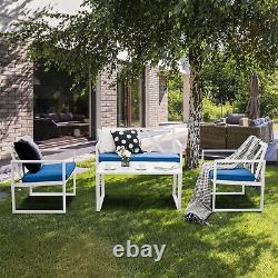 4 Pcs Garden Furniture Set Metal Frame Patio Table Chairs Bench Set withCushions