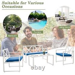 4 Pcs Garden Furniture Set Metal Frame Patio Table Chairs Bench Set withCushions