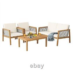 4-Piece Garden Wicker Patio Furniture Set Outdoor Acacia Wood Conversation Set