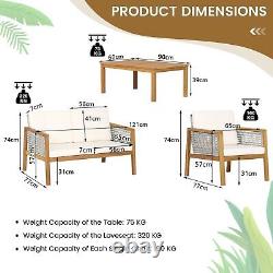 4-Piece Garden Wicker Patio Furniture Set Outdoor Acacia Wood Conversation Set